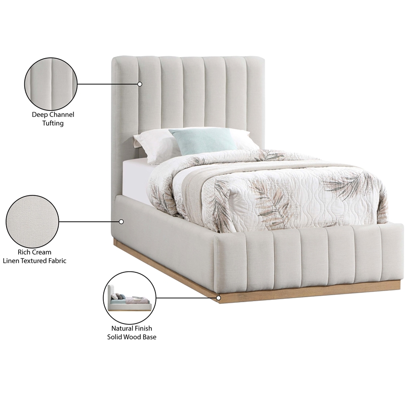 Meridian Furniture Lucia Cream Linen Textured Fabric Twin Bed