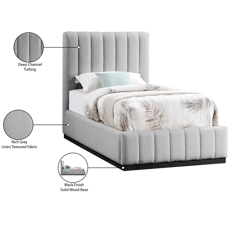 Meridian Furniture Lucia Grey Linen Textured Fabric Twin Bed