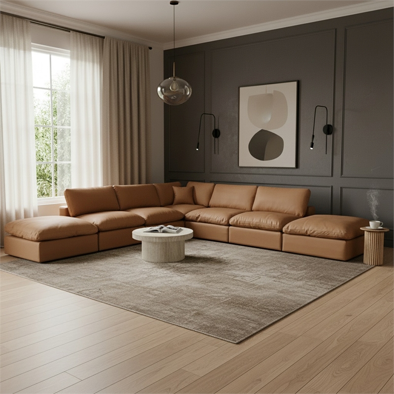 Meridian Furniture Comfy Cognac Vegan Leather 7-Pc. Modular Sectional