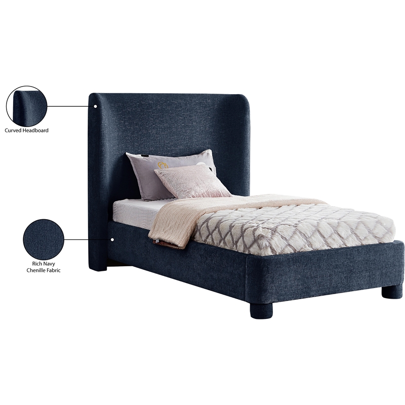 Meridian Furniture Penny Navy Chenille Fabric Twin Bed