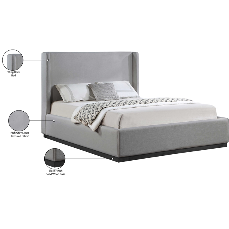 Meridian Furniture Flynn Grey Linen Textured Fabric Full Bed
