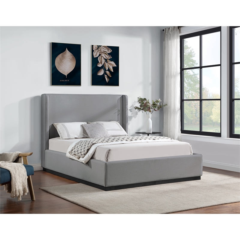 Meridian Furniture Flynn Grey Linen Textured Fabric Queen Bed