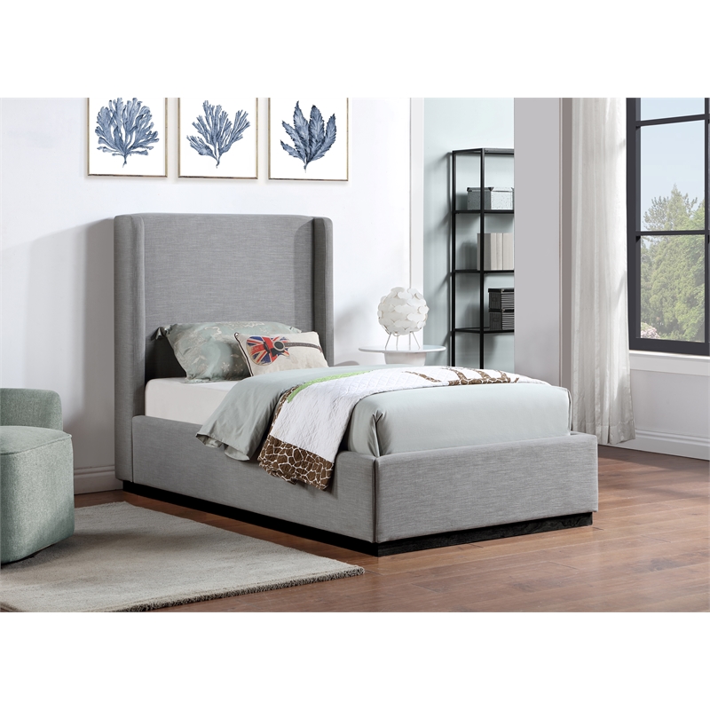 Meridian Furniture Flynn Grey Linen Textured Fabric Twin Bed