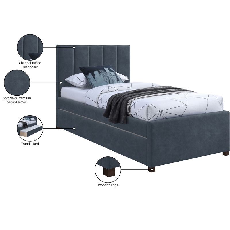 Meridian Furniture Hudson Navy Vegan Leather Twin Trundle Bed
