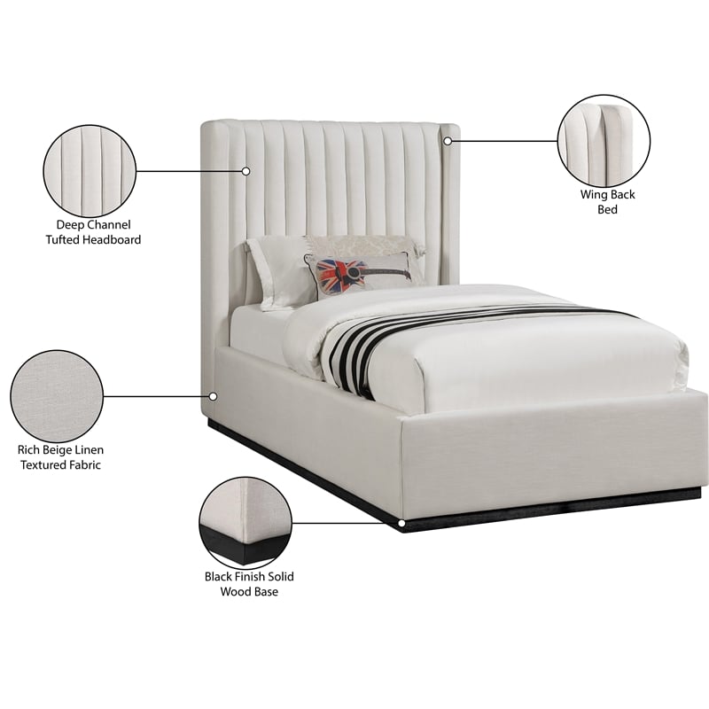 Meridian Furniture Logan Beige Linen Textured Fabric Twin Bed
