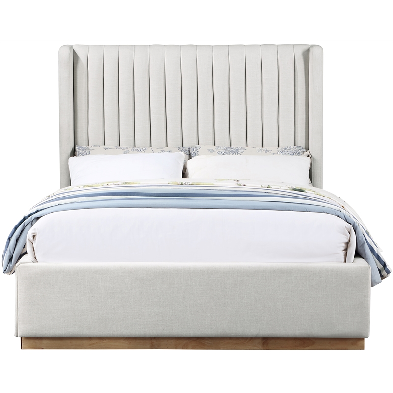 Meridian Furniture Logan Cream Linen Textured Fabric Queen Bed