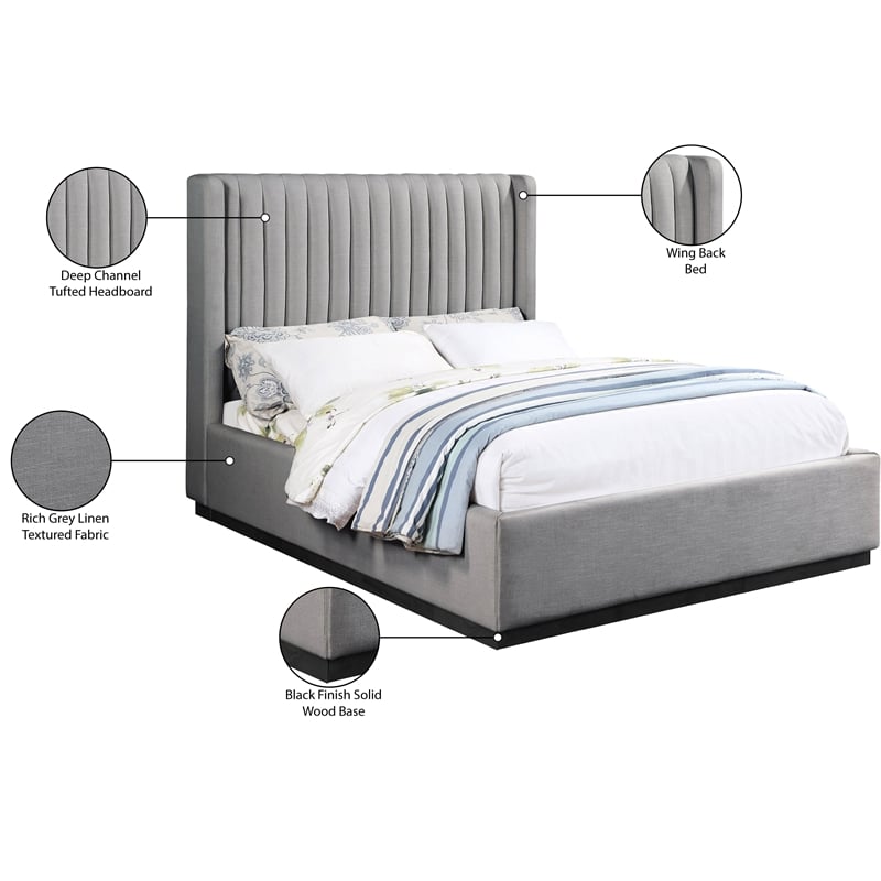 Meridian Furniture Logan Grey Linen Textured Fabric King Bed