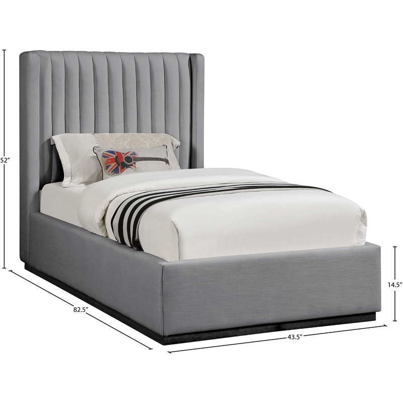 Meridian Furniture Logan Grey Linen Textured Fabric Twin Bed
