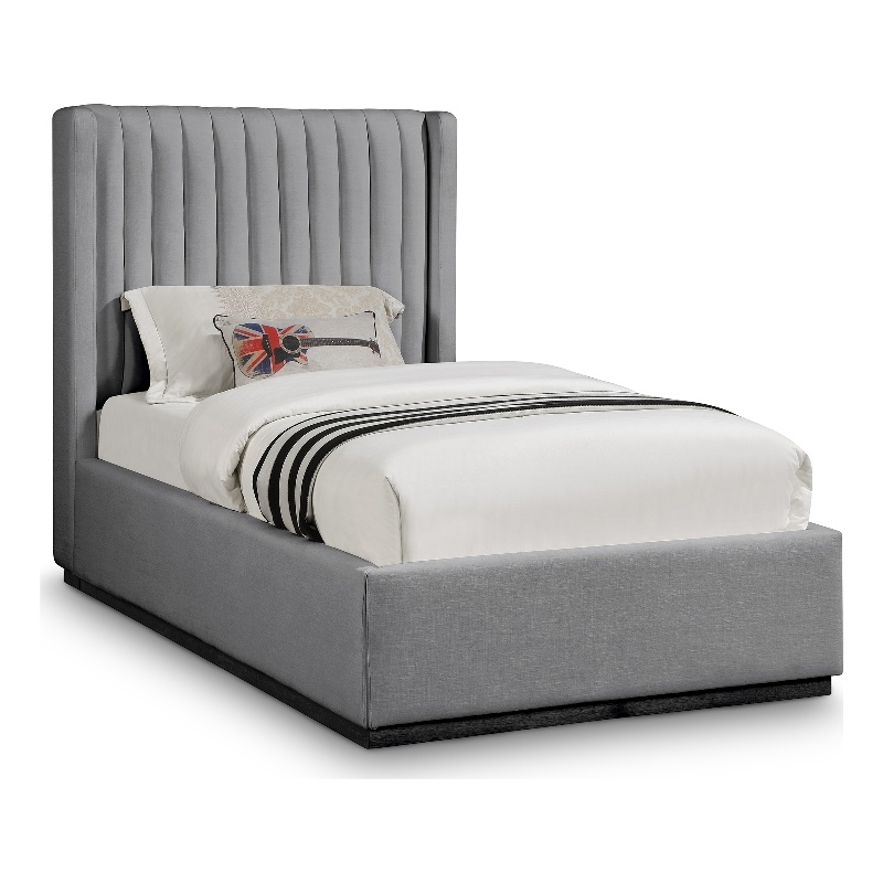 Meridian Furniture Logan Grey Linen Textured Fabric Twin Bed