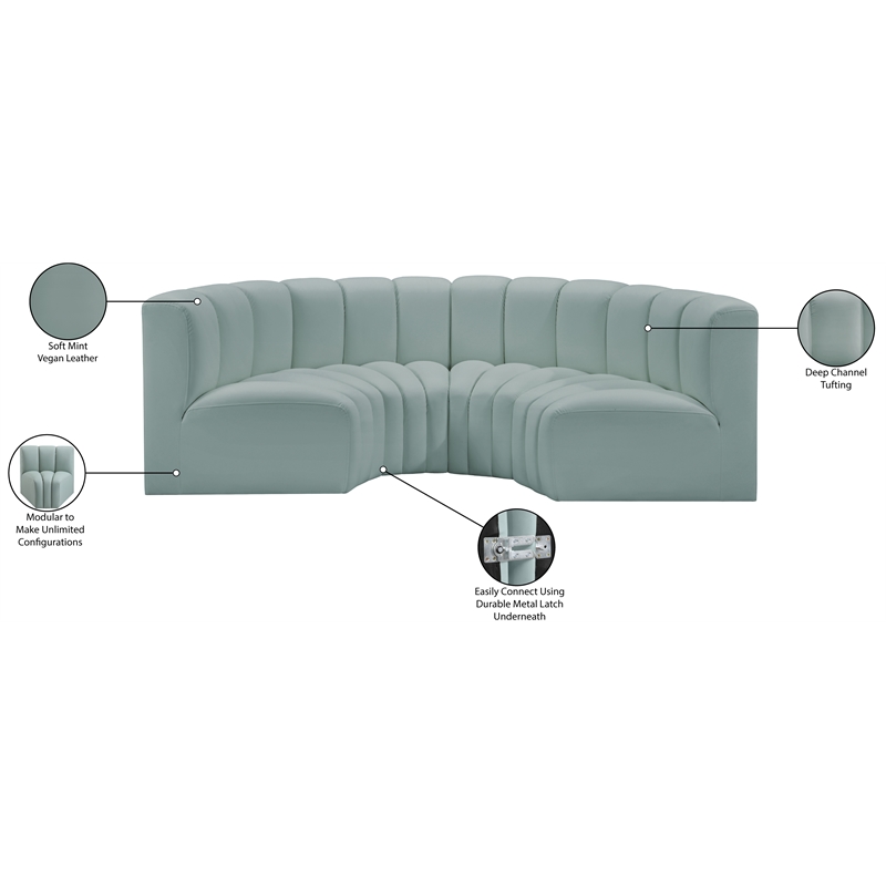 meridian furniture arc mint green vegan leather modular sectional