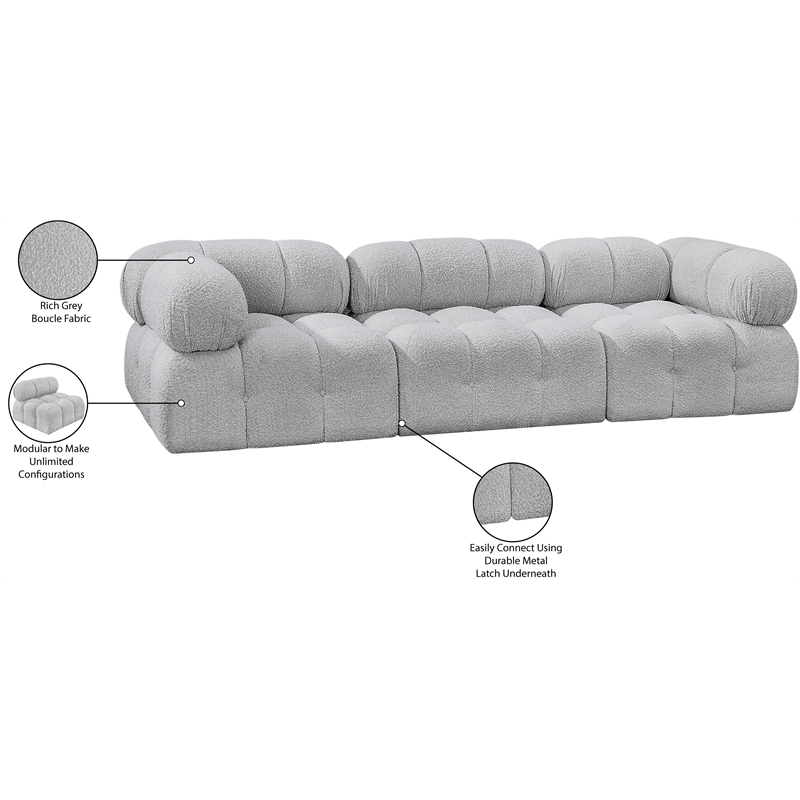 meridian furniture ames grey boucle fabric modular sofa