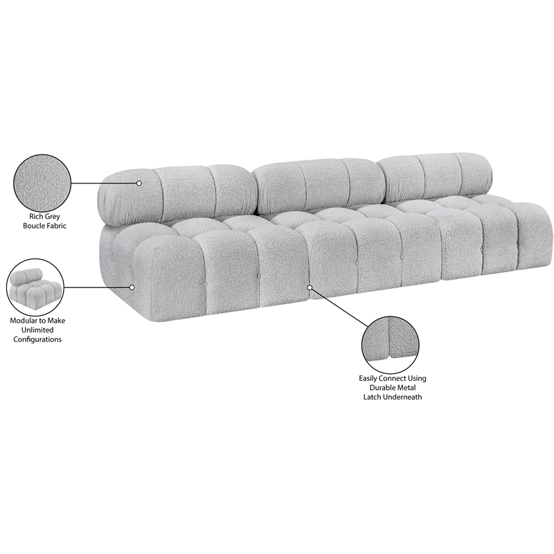 meridian furniture ames grey boucle fabric modular sofa