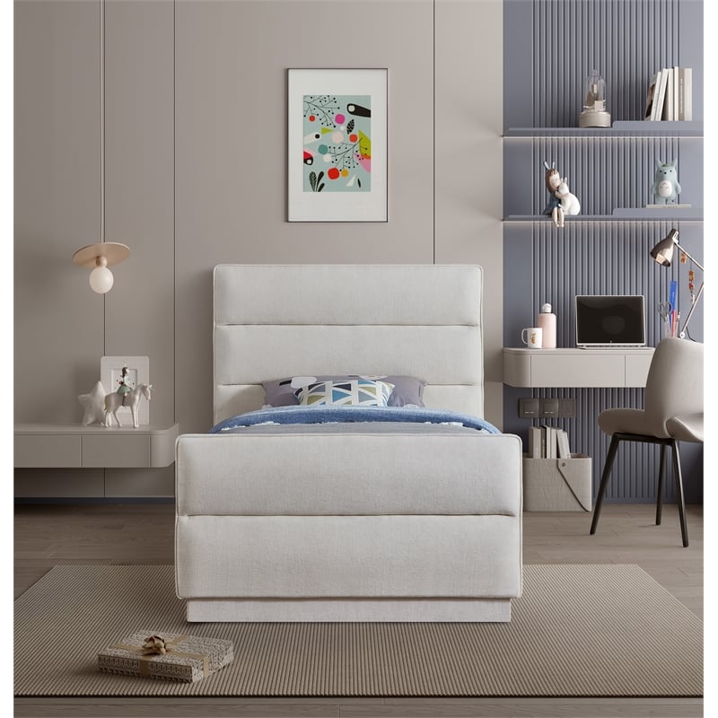 Meridian Furniture Paxton Cream Chenille Fabric Twin Bed