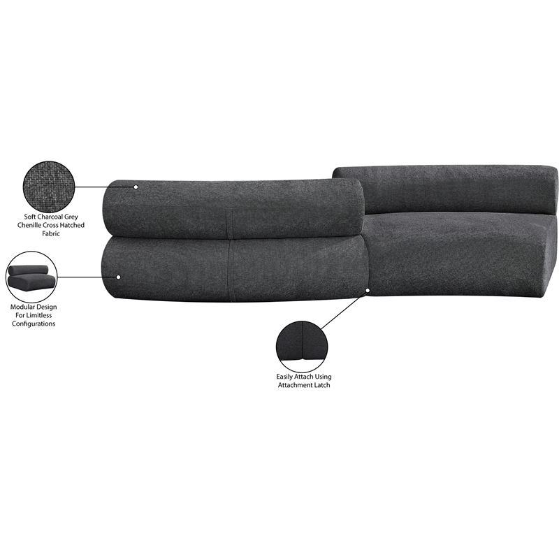 meridian furniture bale 108&quot grey chenille fabric 2 pc. modular sectional
