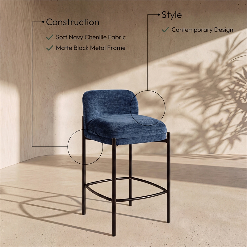 Meridian Furniture Burton Navy Chenille Fabric Stool (Set of 2)