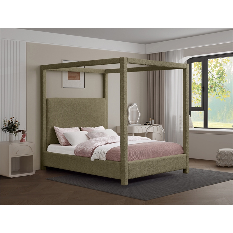 Meridian Furniture Eden Contemporary Boucle Fabric Queen Bed in Olive