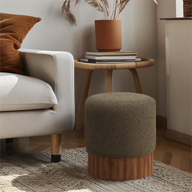 Meridian Furniture Veranda Boucle Fabric Ottoman/Stool in Olive/Brown