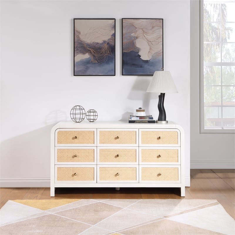 Meridian Furniture Siena White Ash Wood and Natural Cane Dresser