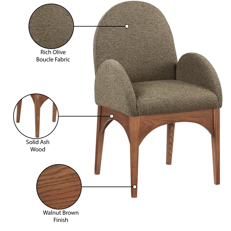 Meridian Furniture Waldorf Olive Boucle Fabric Dining Arm Chair