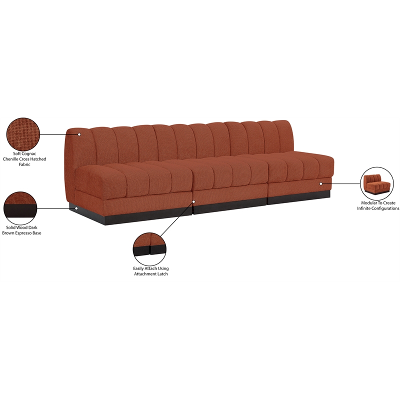 Meridian Furniture Quinn 3-Piece Fabric Modular Sofa in Cognac Orange