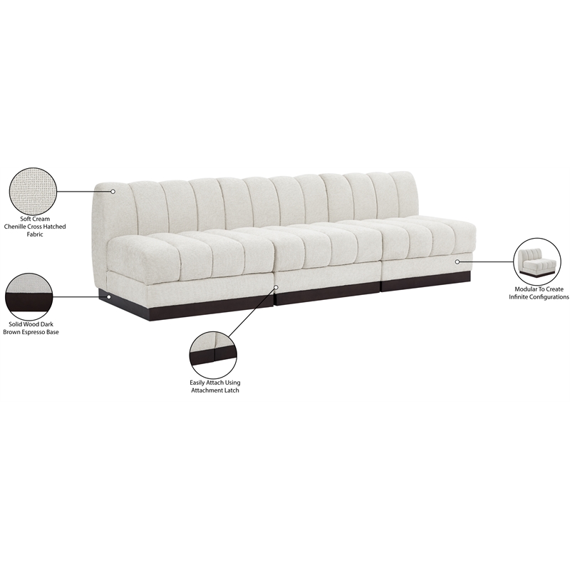 Meridian Furniture Quinn 3-Piece Contemporary Fabric Modular Sofa in Cream