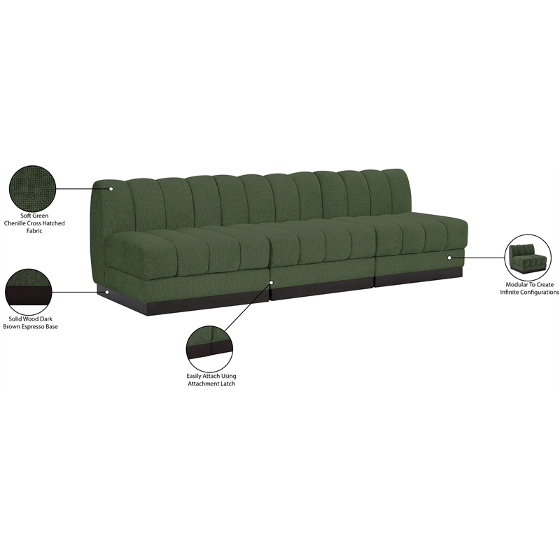 Meridian Furniture Quinn 3-Piece Contemporary Fabric Modular Sofa in Green