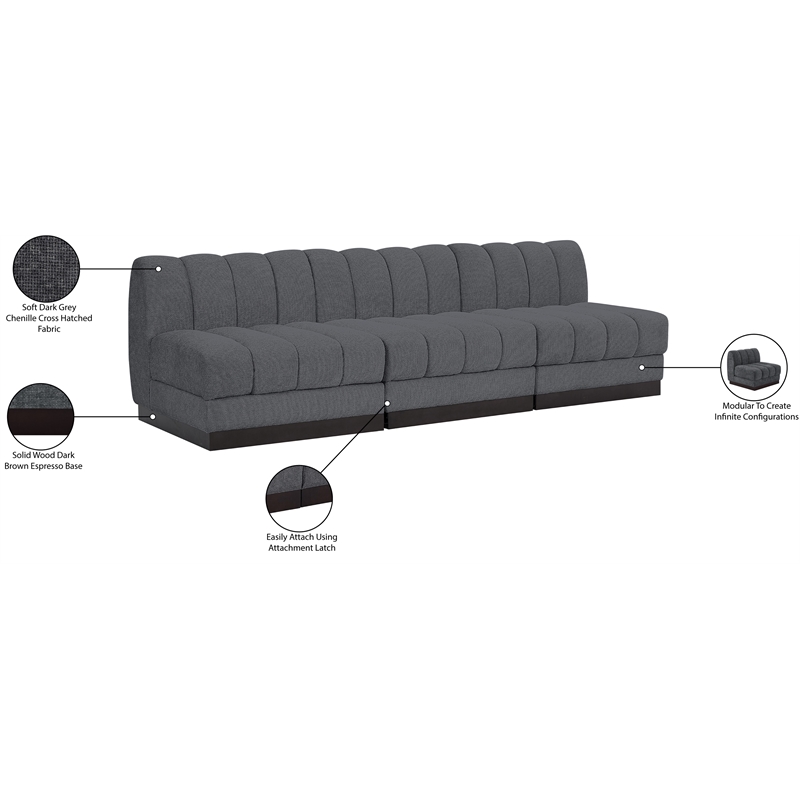 Meridian Furniture Quinn 3-Piece Fabric Modular Sofa in Dark Gray