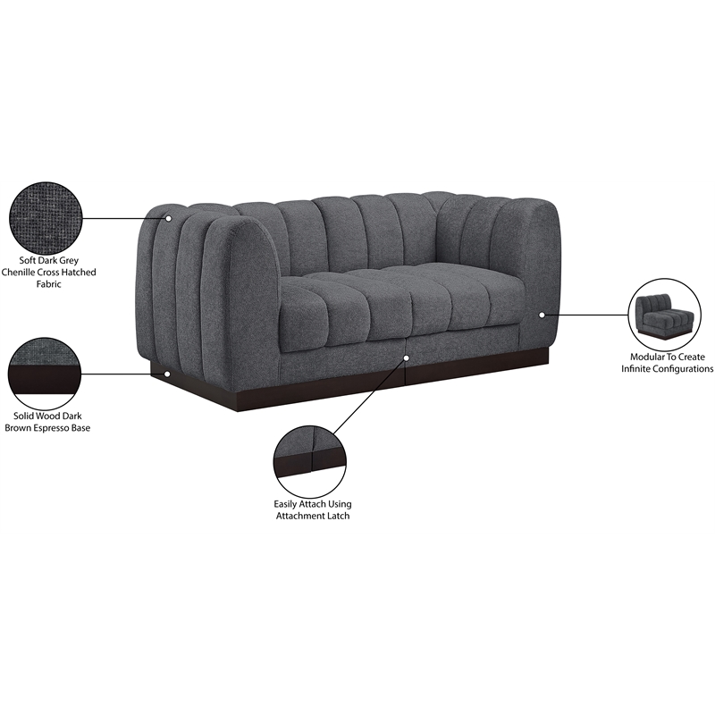 Meridian Furniture Quinn 2-Piece Contemporary Fabric Modular Sofa in Dark Gray
