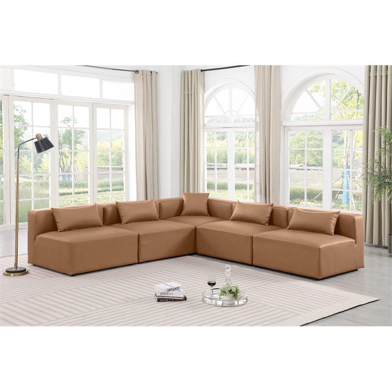 Meridian Furniture Cube Brown Vegan Leather 5-Pc. L-Shaped Modular Sectional