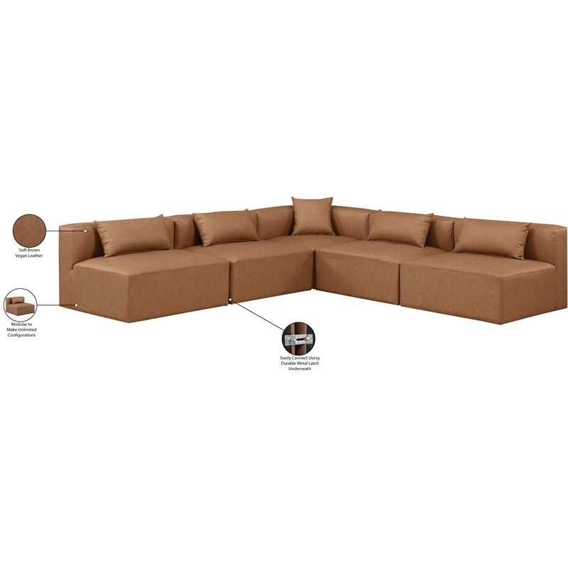 Meridian Furniture Cube Brown Vegan Leather 5-Pc. L-Shaped Modular Sectional