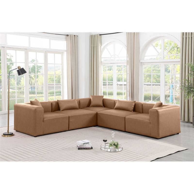 Meridian Furniture Cube Brown Vegan Leather 5-Pc. L-Shaped Modular Sectional