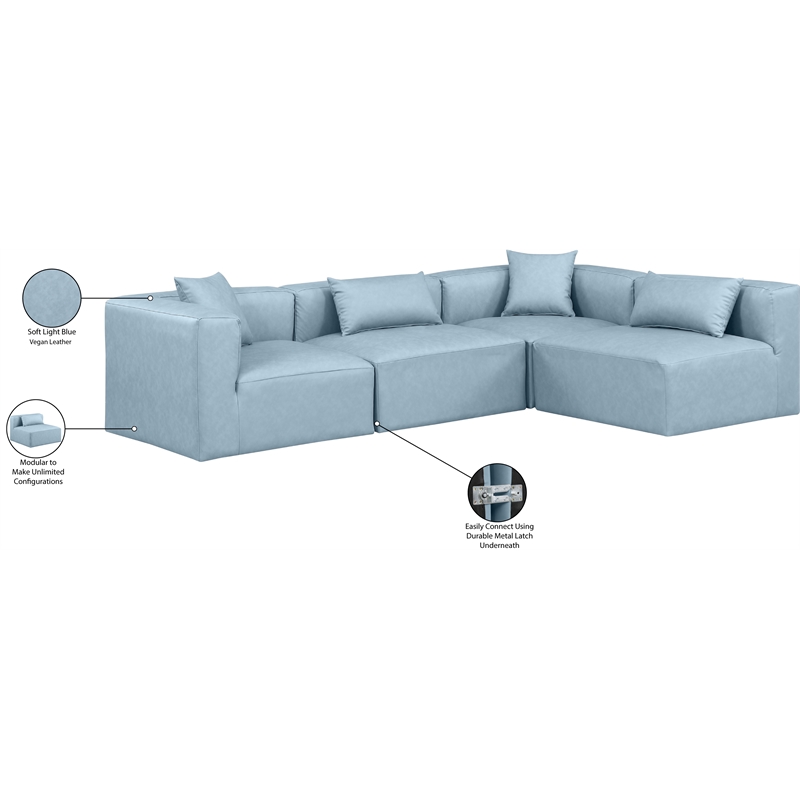 Meridian Furniture Cube Lt. Blue Vegan Leather 4-Pc. L-Shaped Modular Sectional