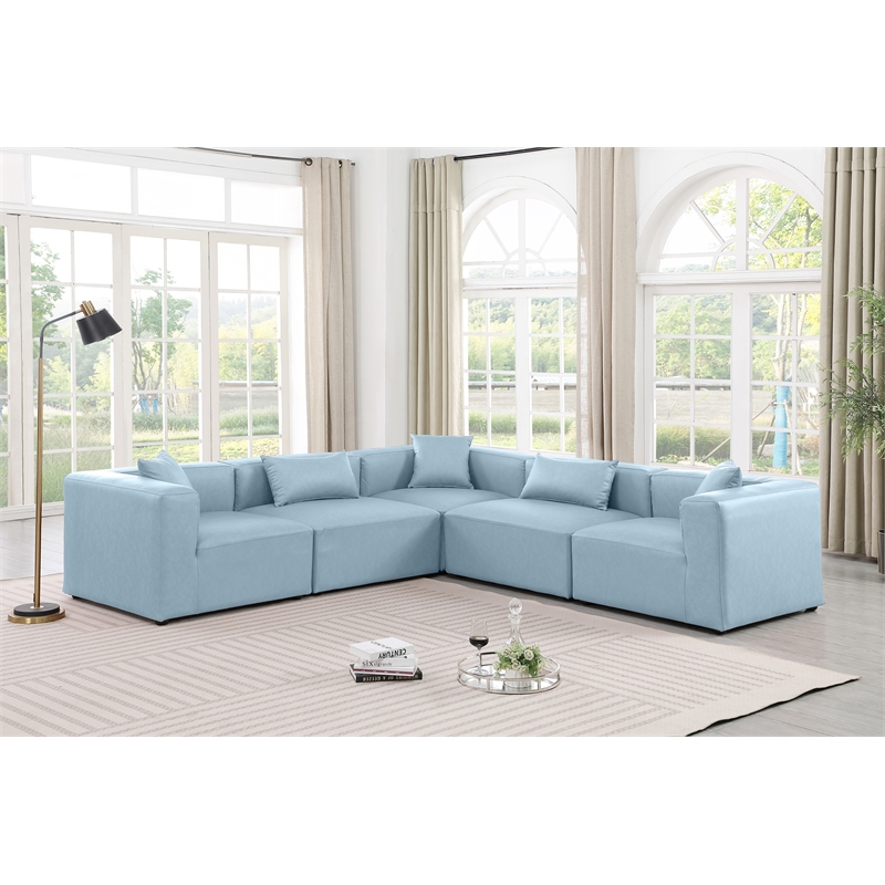 Meridian Furniture Cube Lt. Blue Vegan Leather 5-Pc. L-Shaped Modular Sectional