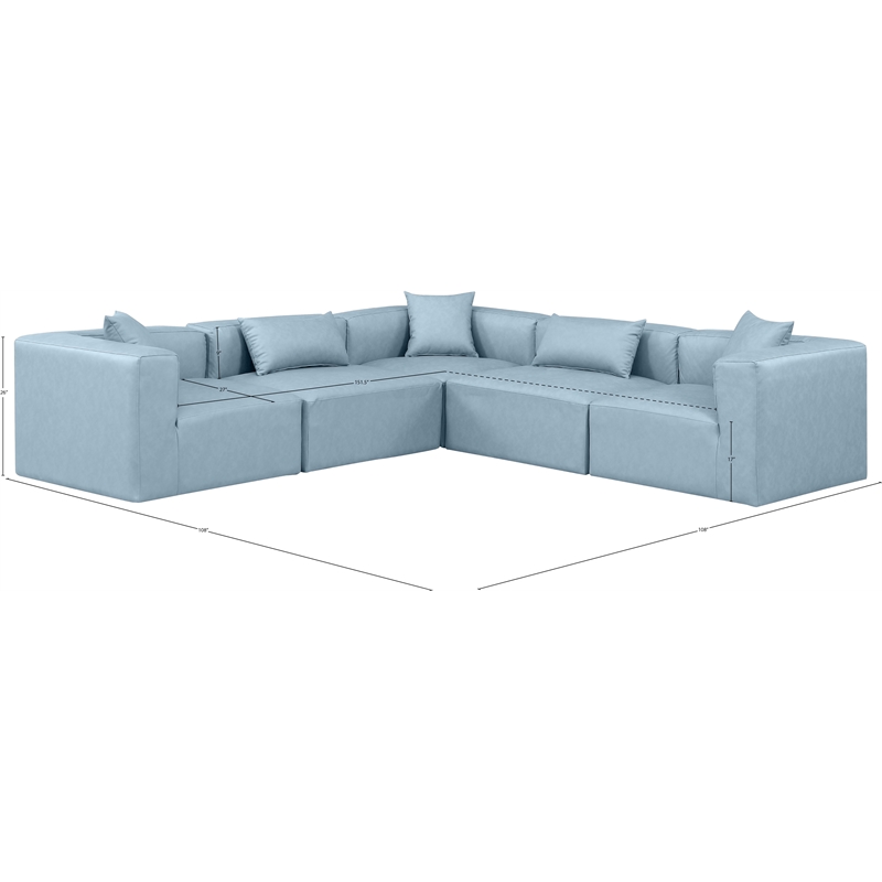 Meridian Furniture Cube Lt. Blue Vegan Leather 5-Pc. L-Shaped Modular Sectional