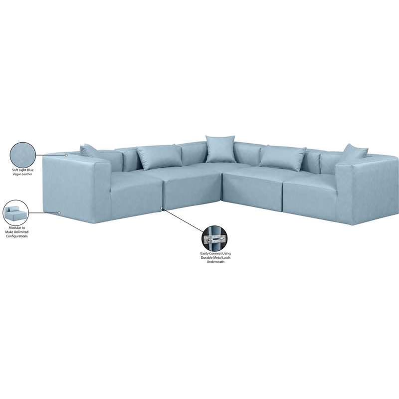 Meridian Furniture Cube Lt. Blue Vegan Leather 5-Pc. L-Shaped Modular Sectional