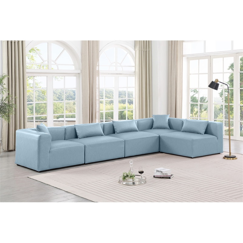 Meridian Furniture Cube Lt. Blue Vegan Leather 5-Pc. L-Shaped Modular Sectional