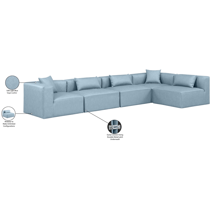 Meridian Furniture Cube Lt. Blue Vegan Leather 5-Pc. L-Shaped Modular Sectional