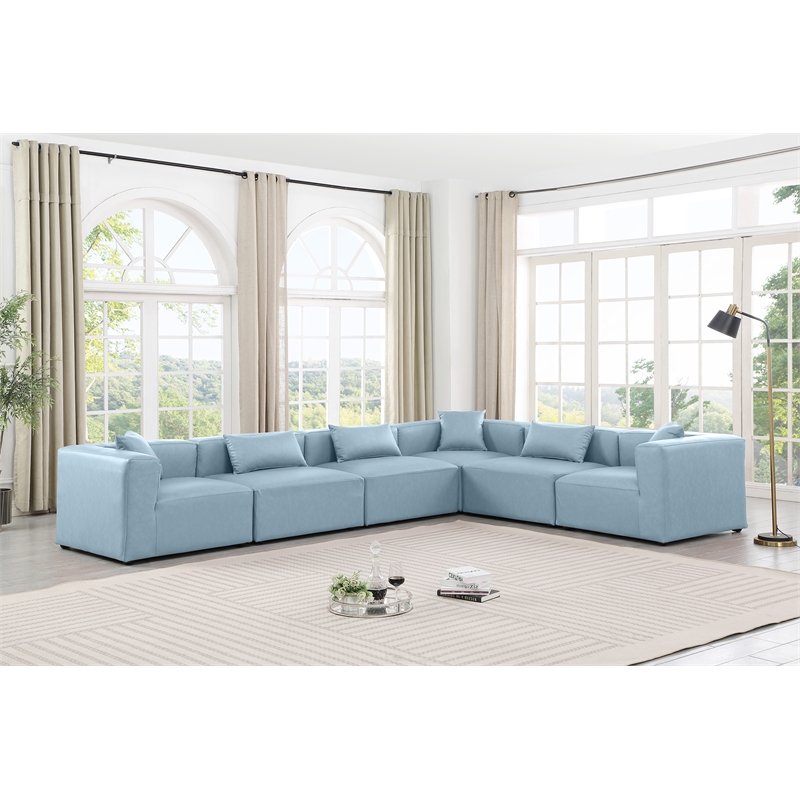 Meridian Furniture Cube Lt. Blue Vegan Leather 6-Pc. L-Shaped Modular Sectional