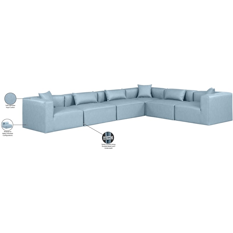 Meridian Furniture Cube Lt. Blue Vegan Leather 6-Pc. L-Shaped Modular Sectional