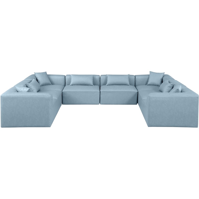 Meridian Furniture Cube Lt. Blue Vegan Leather 8-Pc. U-Shaped Modular Sectional