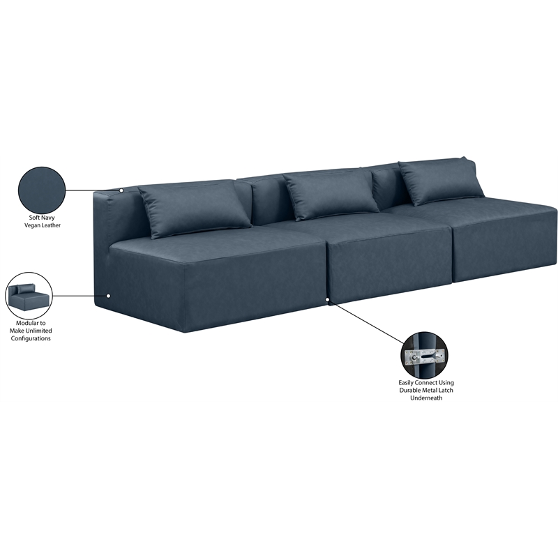 Meridian Furniture Cube Navy Blue Vegan Leather 3-Pc. Modular Sofa