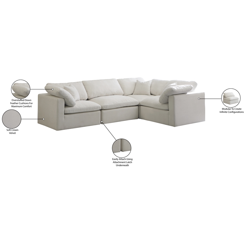 Meridian Furniture Plush Contemporary Velvet Modular Sectional in Cream