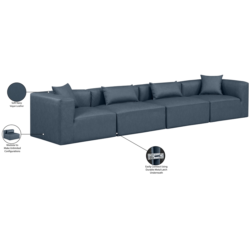 Meridian Furniture Cube Navy Blue Vegan Leather 4-Pc. Modular Sofa
