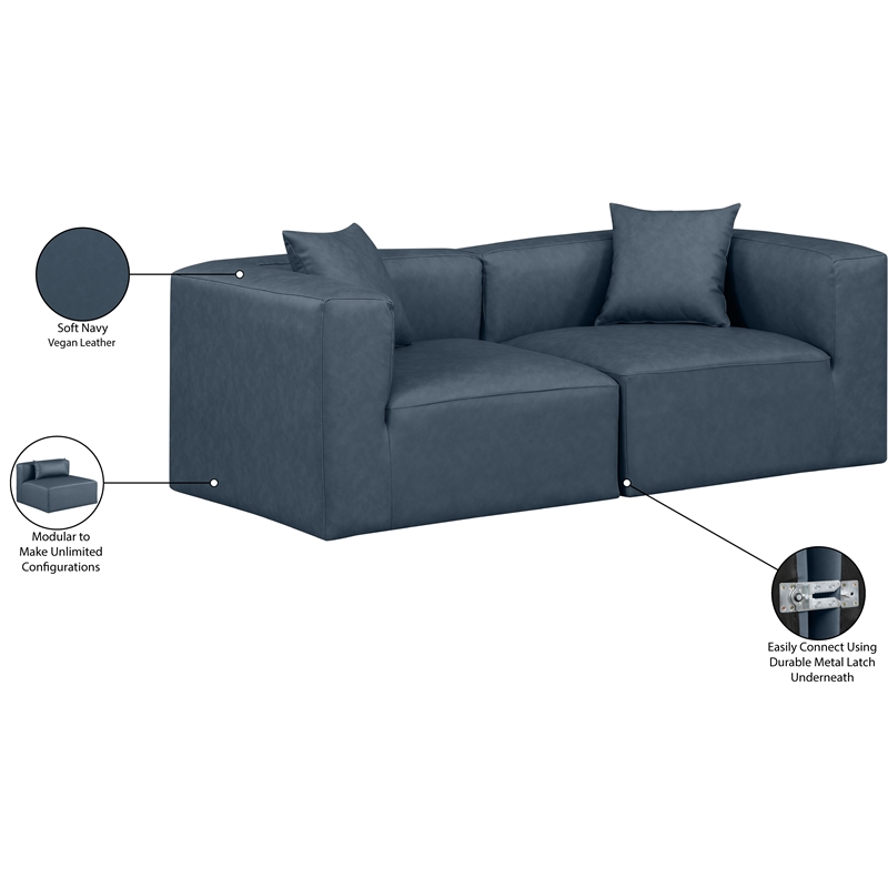 meridian furniture cube navy blue vegan leather 2-pc. modular sofa