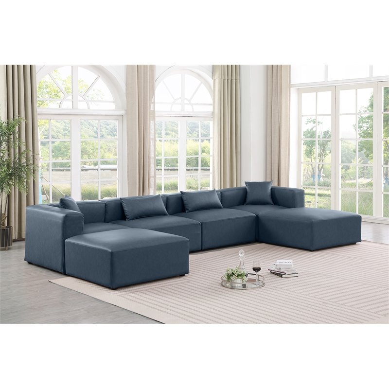 Meridian Furniture Cube Navy Blue Vegan Leather 6-Pc. U-Shaped Modular Sectional