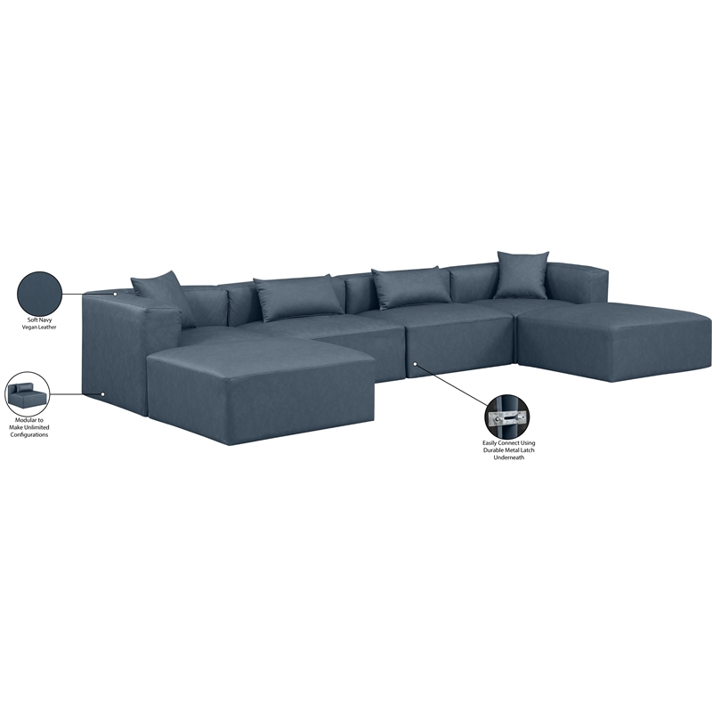 Meridian Furniture Cube Navy Blue Vegan Leather 6-Pc. U-Shaped Modular Sectional