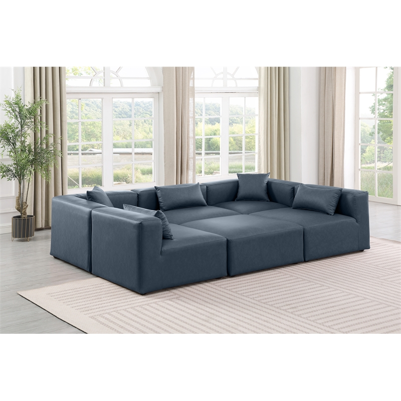 Meridian Furniture Cube Navy Blue Vegan Leather 6-Pc. U-Shaped Modular Sectional