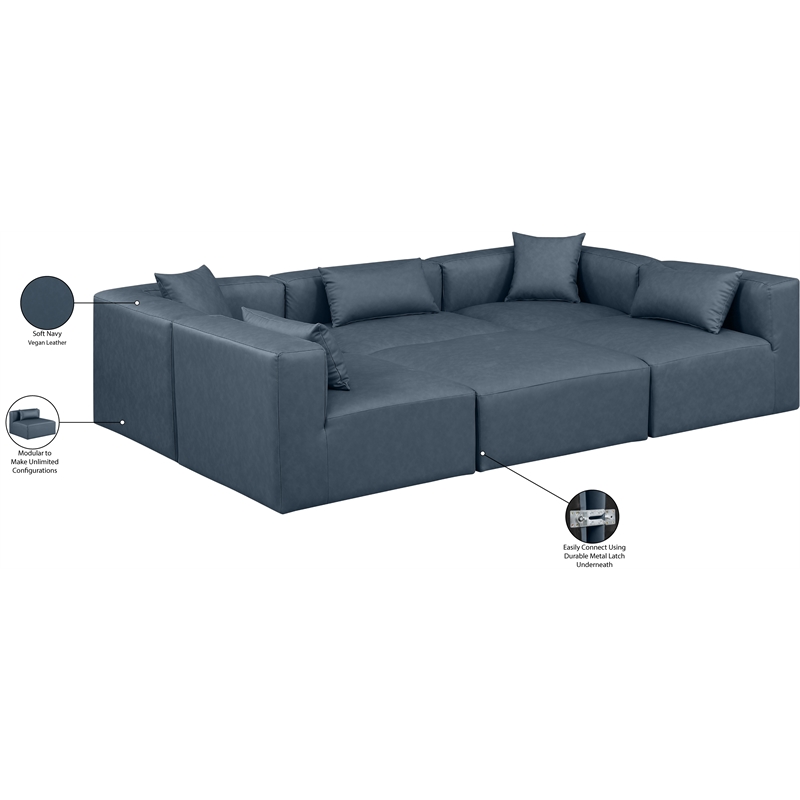 Meridian Furniture Cube Navy Blue Vegan Leather 6-Pc. U-Shaped Modular Sectional