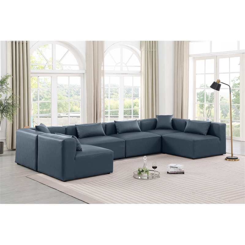 Meridian Furniture Cube Navy Blue Vegan Leather 6-Pc. U-Shaped Modular Sectional