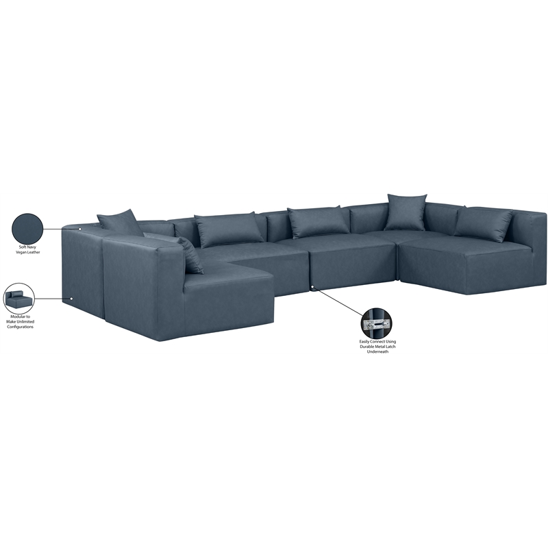 Meridian Furniture Cube Navy Blue Vegan Leather 6-Pc. U-Shaped Modular Sectional